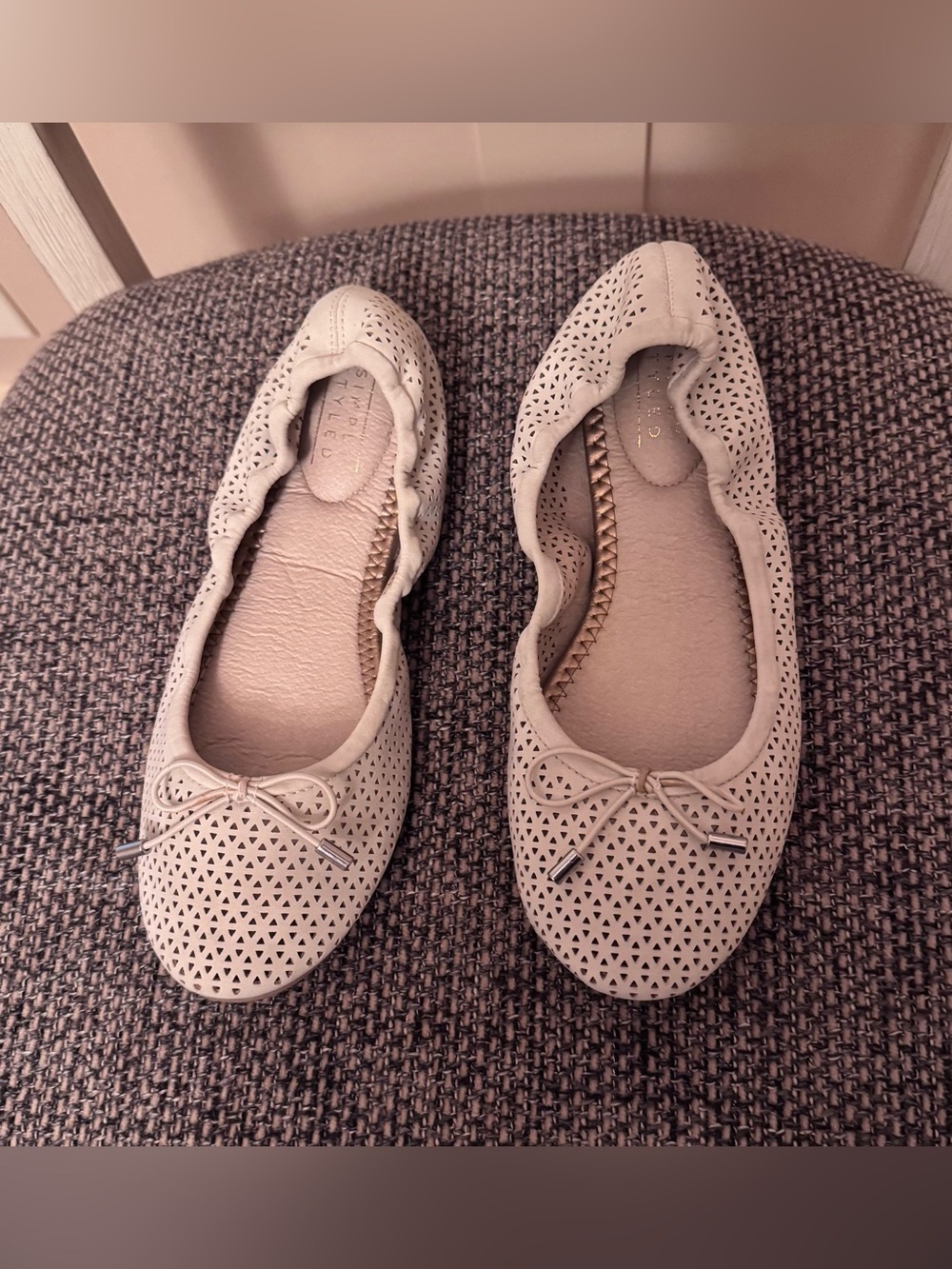 Simply Styled Cream Perforated Ballet Flats with Bow